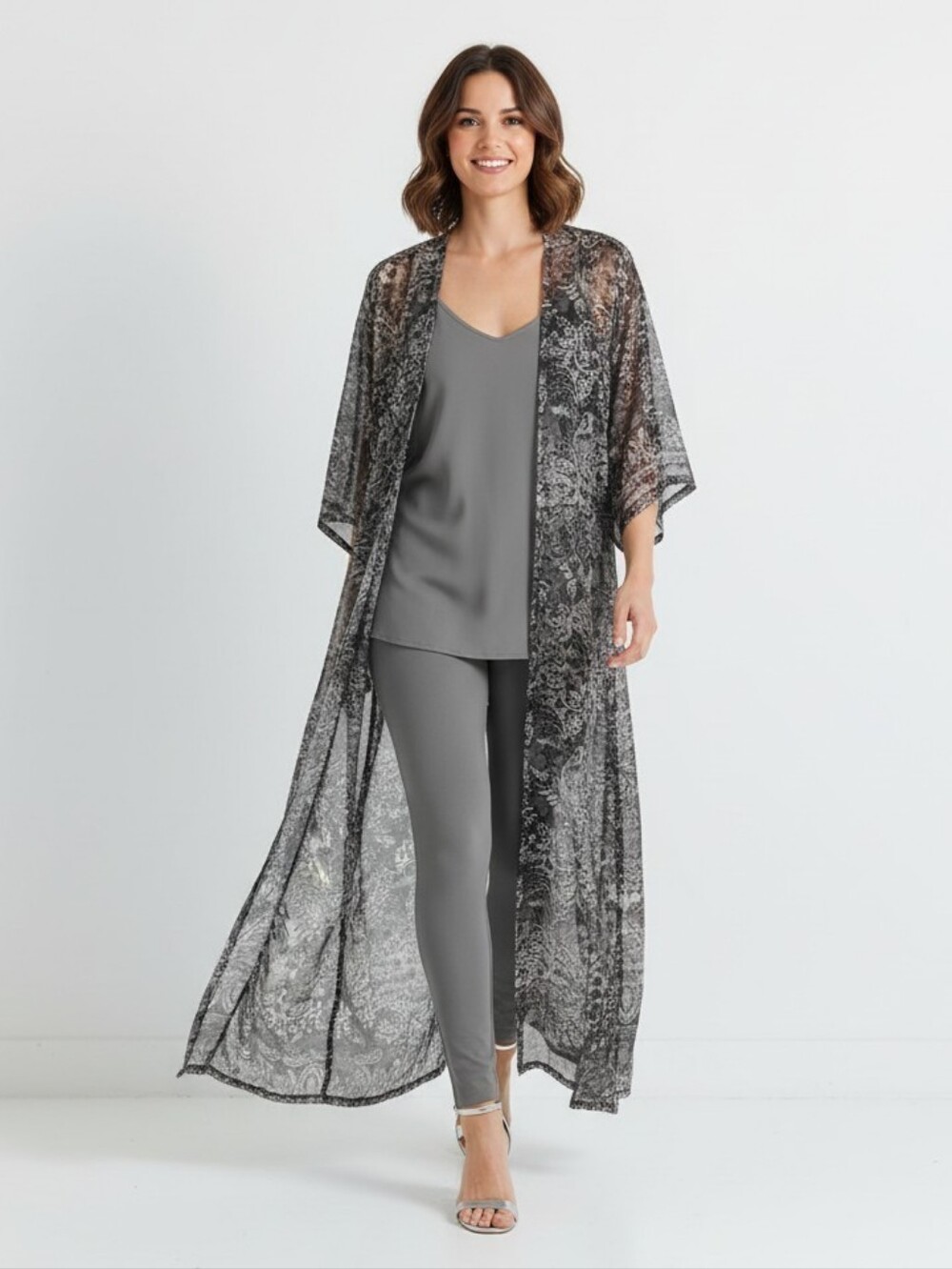 Colleen‎ Lopez Duster Women's Sz M EXOTIC Paisely Kimono GRAY Butterfly Sleeves